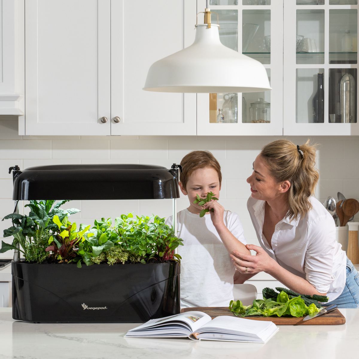 Family pulling herbs from a Kitchen Garden